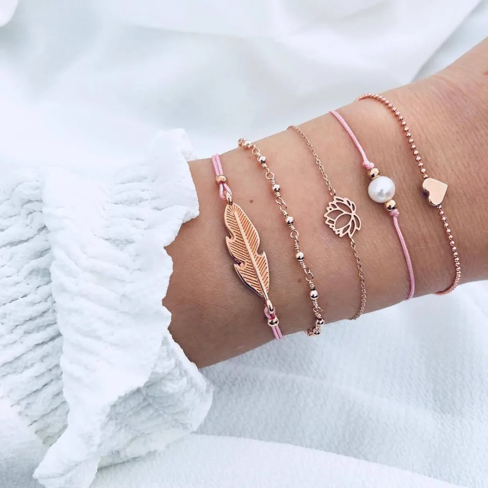 

5 Pcs/ Set Leaf Flower Statement Bracelet & Bangle Set for Women Gold Heart Big Pearl Charm Bracelet Boho Braclets for Women