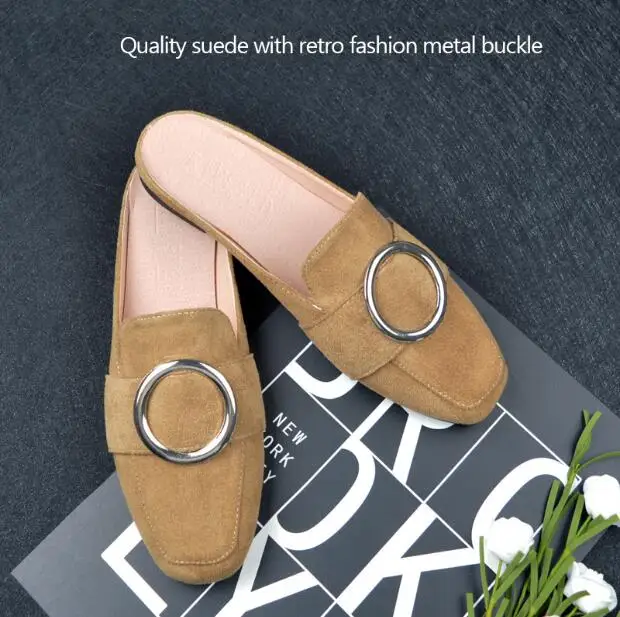 Khaki COOLSA/женские летние туфли без задника на плоской подошве в стиле ретро; Повседневная обувь без задника; замшевые сандалии с металлической пряжкой; ; большой размер 11 - Цвет: Khaki