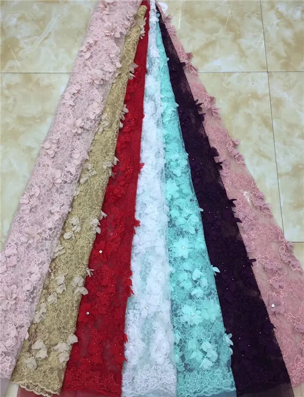 

3d flowers beads stones lace fabric 5 yards floral french lace high end embroidery wedding party dress material White Pink Gold