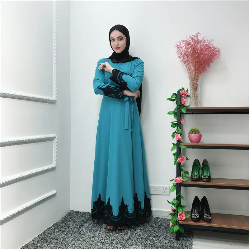 Мусульманское кружевное Макси платье abaya длинные халаты с поясом Туника jilбаб