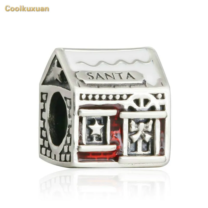 

Winter Christmas Santa's Home Beads With White & Red Enamel Xmas Charms Fits Pandora bracelets DIY Jewelry Making