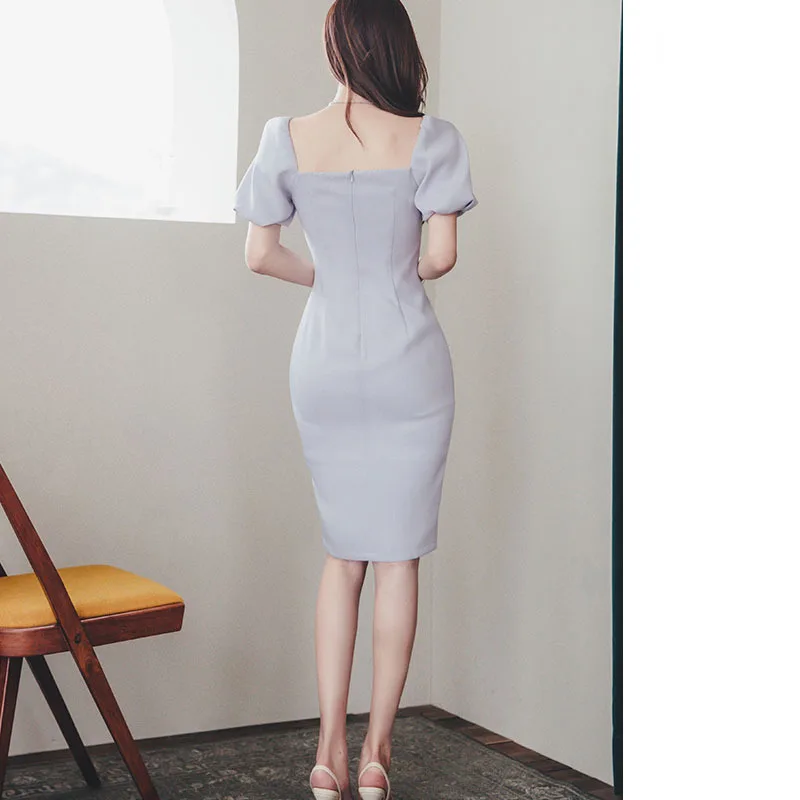 Summer Solid Bandage Bodycon Midi Pencil Dress Women Short Lantern Sleeve V Neck( Vintage Party Elegant Office Dresses | Женская одежда