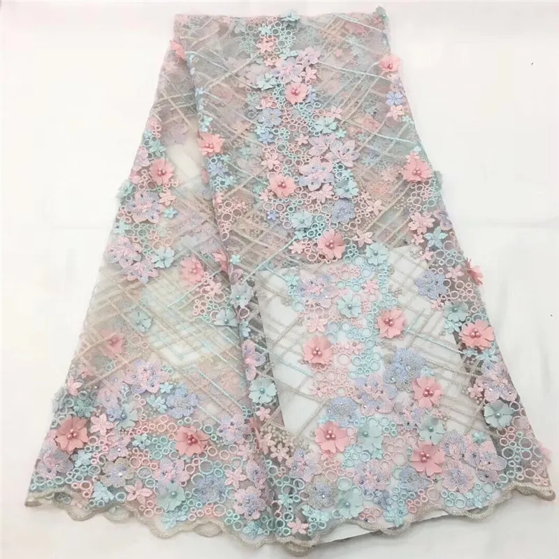 Top Quality Beaded 3D Flower African Net lace fabric 5Yards New Coming Nigerian For Wedding Dress HX1001-2 | Дом и сад