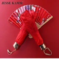jesse kamm chinese style newlywed vintage red lace bride wedding ceremony manually folding wedding umbrella girl