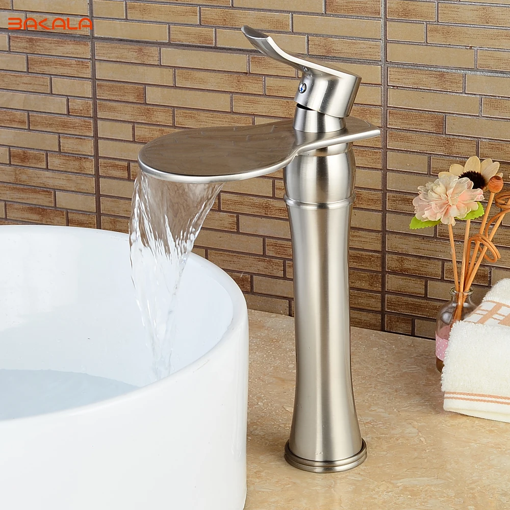 BAKALA Deck mounted Waterfall Bathroom Sink Vessel Faucet Nickel Brushed Bath Spout LH-555L | Обустройство дома
