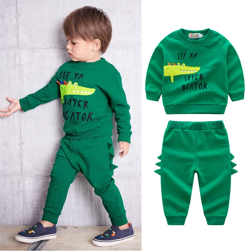 

Boys 2019 spring and autumn explosions sportswear green cartoon crocodile shirt cotton terry pants suit