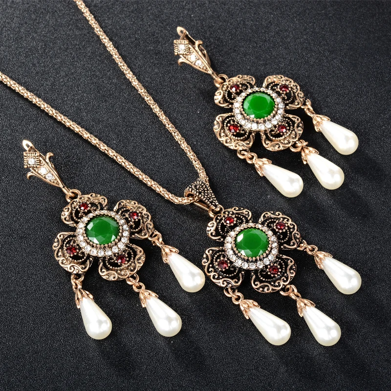 

African Pearl Necklace Earrings Set Wedding Gold Bridal Jewelry Sets Turkish Silver Color Big Stone Pendant Earring Brincos 2018