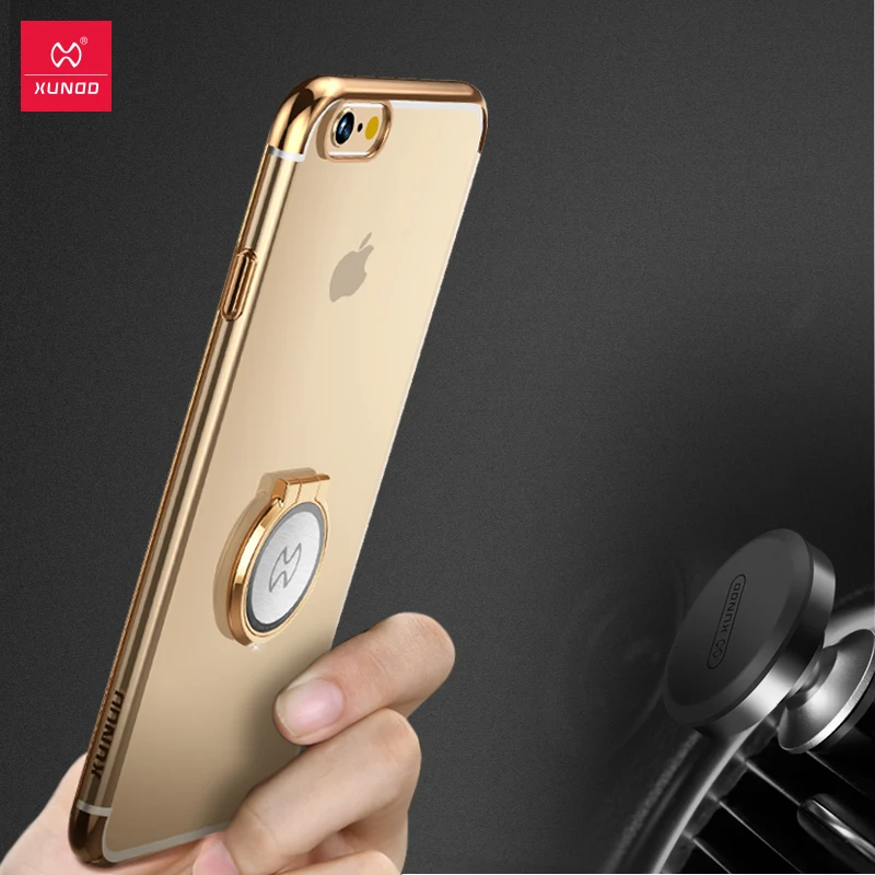 XUNDD For iPhone 6 6S 7 Plus 8 Electroplated Ultra-thin Transparent hard PC case With Ring Stand holder shell Fit Cover |