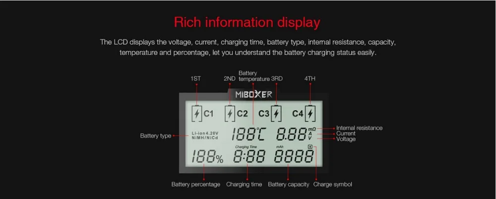 Miboxer 4 слота 100mA 800 мА/ч, 3A ЖК-дисплей Экран Батарея Зарядное устройство для батарей Li-Ion(литий-ионных)/никель-металл-гидридный/никель-кадмиевый 18650 14500 26650 AAA AA аккумуляторные батареи
