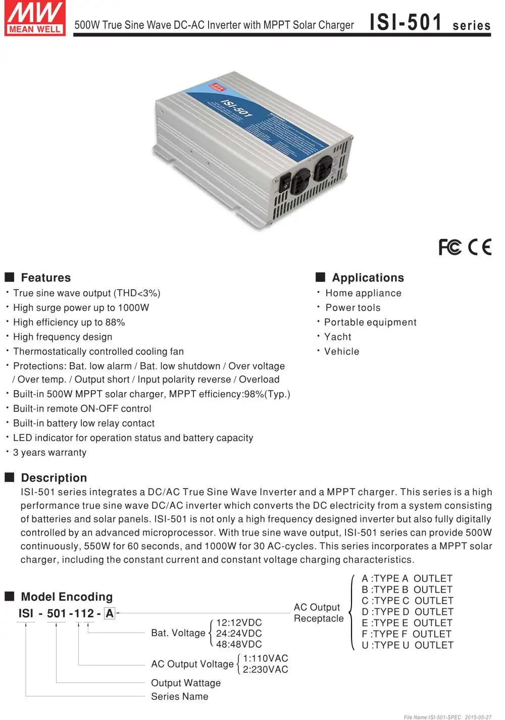 MEAN WELL ISI-501-212B Европейский стандарт 230 В meanwell ISI-501 450 Вт DC-AC инвертор с MPPT солнечным зарядным устройством