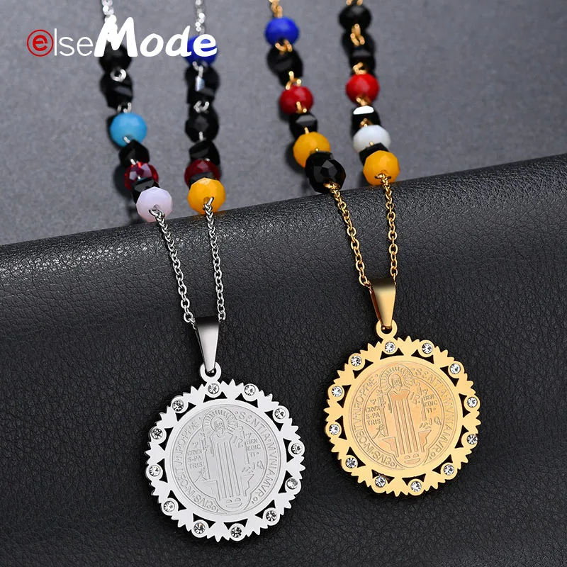 Ожерелье ELSEMODE круглое с изображением Святого Бенедикта и Иисуса ожерелье из