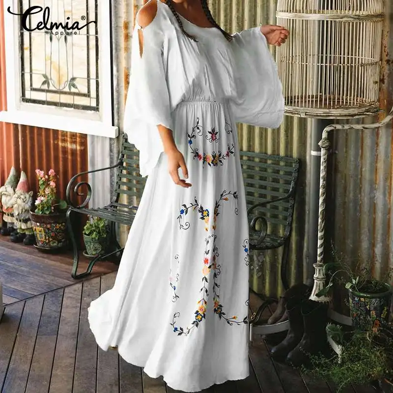 Женское богемное платье, летнее, с принтом, макси, длинное, повседневное, сексуальное, с открытыми плечами, вечерние, Vestidos, Пляжное Платье, Femme размера плюс