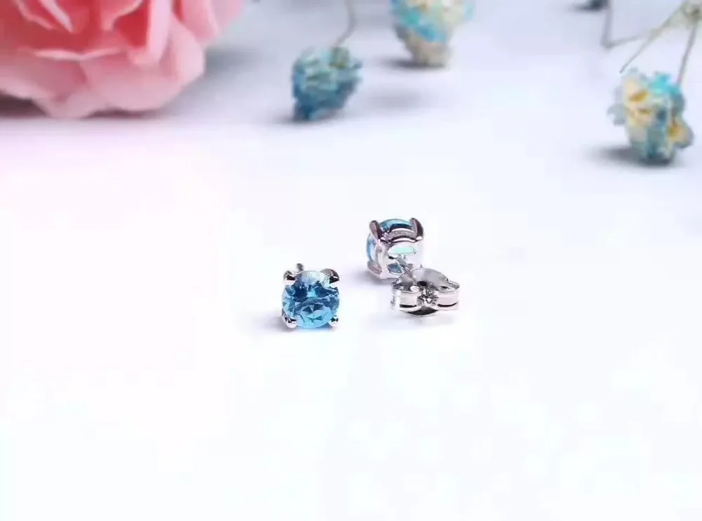 Женские серьги гвоздики из серебра 925 пробы с натуральным голубым топазом|stud