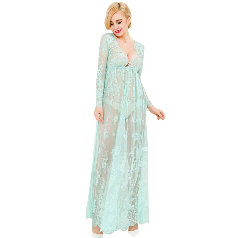 

Mint green full sleeve see through lace lingerie dress sheer mesh long female sleepwear princess nightdresses D80302