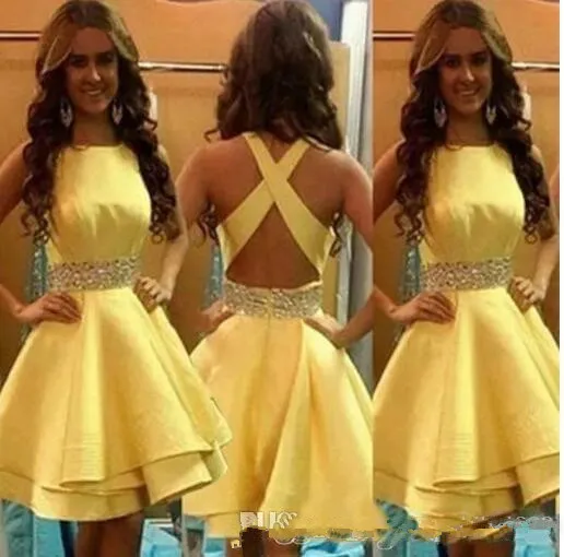 

2020 Short Girls Party Dresses Yellow Satin Beading Sash Tiered Ruffle Cheap Skirt Cocktail Homecoming Formal Gowns