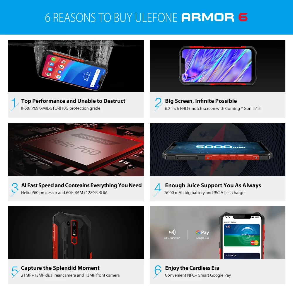 Ulefone Armor 6 IP69K водонепроницаемый мобильный телефон Android 8,1 6," FHD+ Восьмиядерный 6 ГБ+ 128 Гб NFC Face ID беспроводной зарядный смартфон