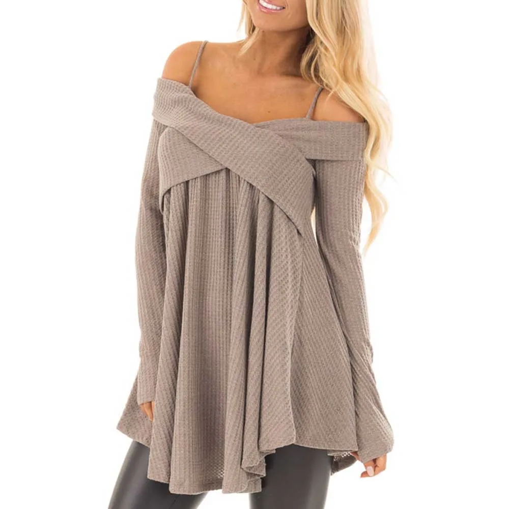 Sexy Cold Shoulder Criss Cross Tunic Sweater Casual Solid Spaghetti Strap Long Sleeve Pleated Pullover Jumpers Ladies Loose Tops | Женская