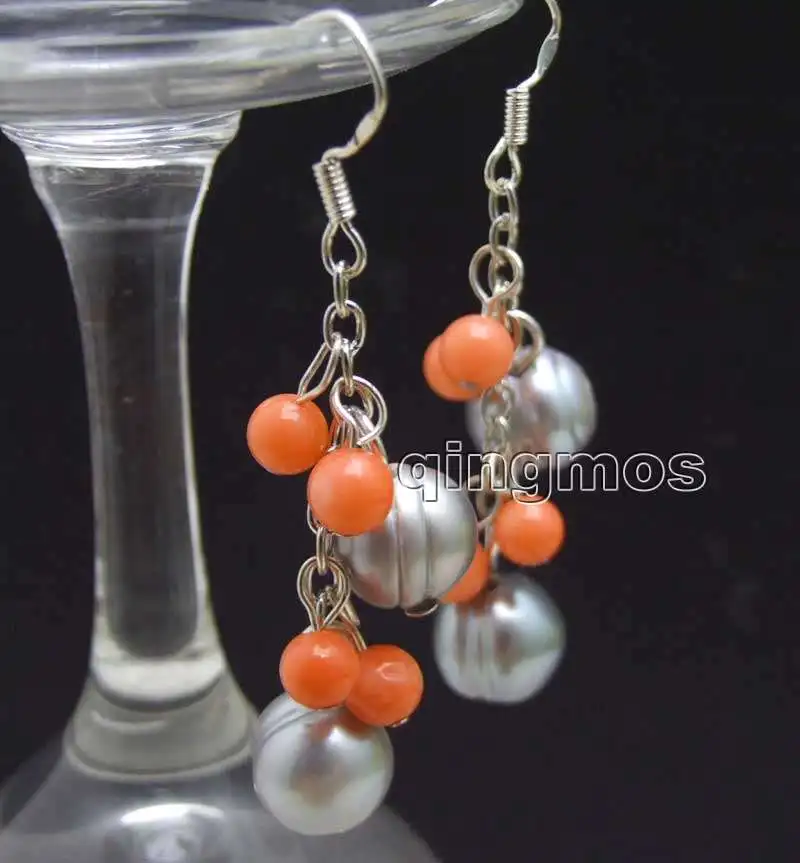 

Big 10-11mm Gray Potato Natural Freshwater Pearl and 5-6mm Pink Coral Earring-ear553