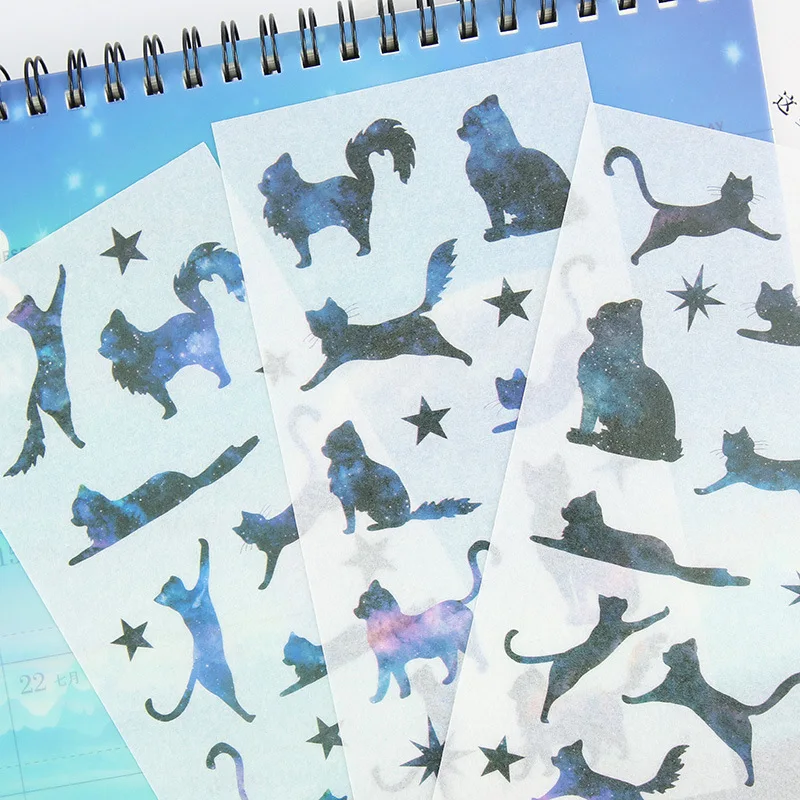

6 Sheets/ pack Starry Sky Cat Kitten Adhesive Stickers Decorative Album Diary Stick Label Paper Hand Account Decor