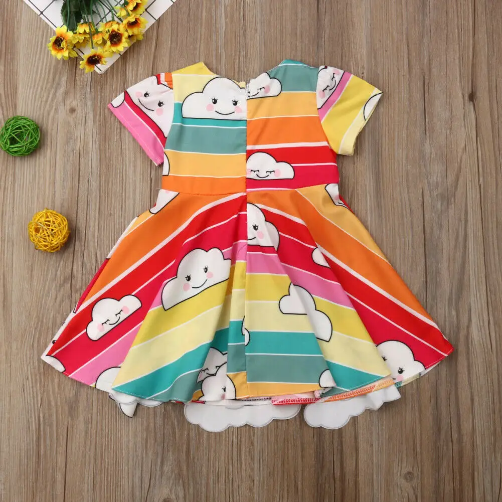 Princess Toddler Kids Baby Girl Rainbow Print Bow Formal Pageant Party Dress Clothes | Детская одежда и обувь
