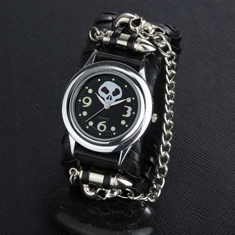 Кварцевые часы наручные крутой панк браслет пуля Череп цепь готический стиль