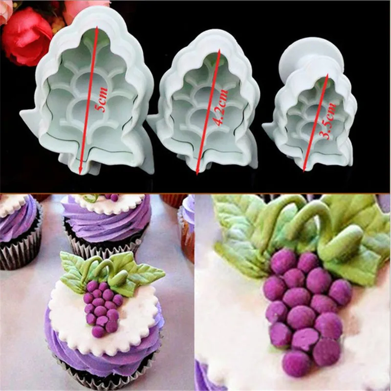 3PCS Plastic Grape Shaped Candy Cookie Chocolate Embosser Mold Stamp Plunger Cutter Cake Mold for Kitchen Cookie DIY Tool