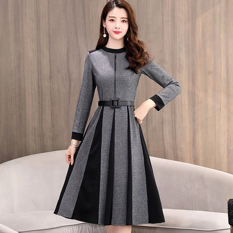 Осенне-зимнее новое платье в полоску Благородное женское корейское