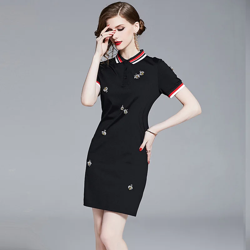 Фото S-XXL spring summer woman dress insect pattern embroidery black above knee short sleeve red collar mini cute Женская одежда S-XXL spring summer woman dress insect pattern embroidery black above knee short sleeve red collar mini cute Женская одежда