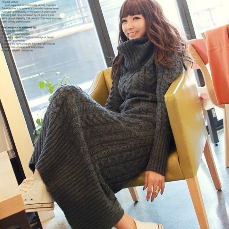 Women Winter Knit Dresses Europe Long Sleeve Turtleneck Casual Slim Warm Maxi Sweater Dress Plus Size Women's Clothing | Женская