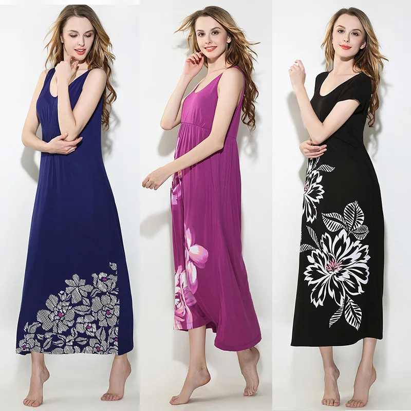 

Women Plus size Modal Sandbeach Long Dress Short Sleeve dress female nighgowns modal sleepdress