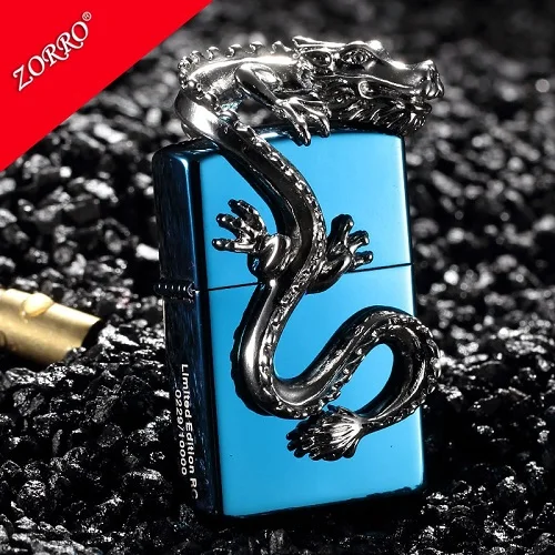 Blue Керосиновая Зажигалка Зорро масляная зажигалка с наклейка Дракон винтажная металлическая масляная газовая зажигалка Зорро зажигалки Oile прикуриватель масла - Цвет: Blue