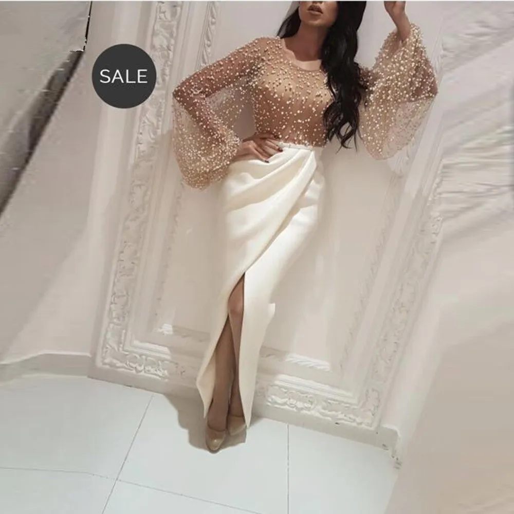 

Muslim Evening Dresses 2019 Sheath Long Sleeves Pearls Slit Sexy Islamic Dubai Saudi Arabic Long Elegant Evening Gown Prom