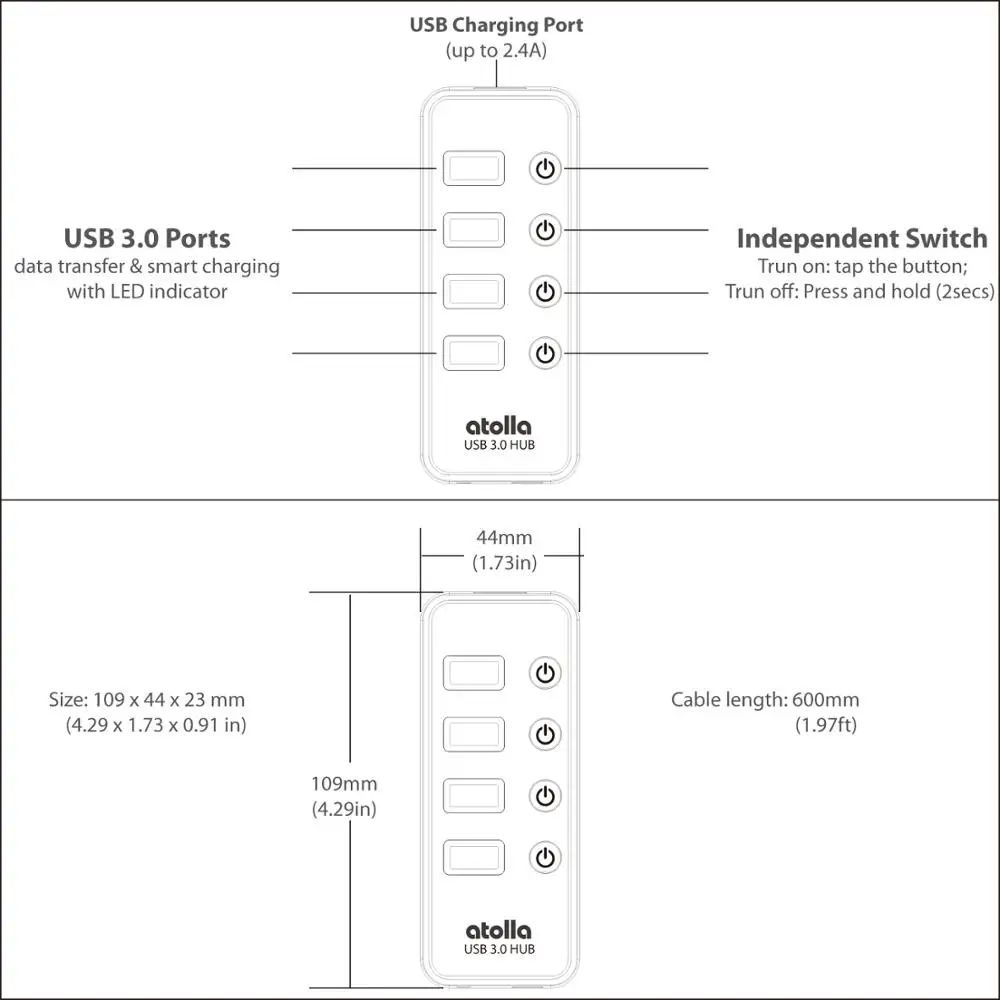 Atolla usb 3,0 концентратор с адаптером питания, 4+ 1 передачи данных и зарядки многопортовый, высокоскоростной 5 Гбит/с USB разветвитель для MacBook Air