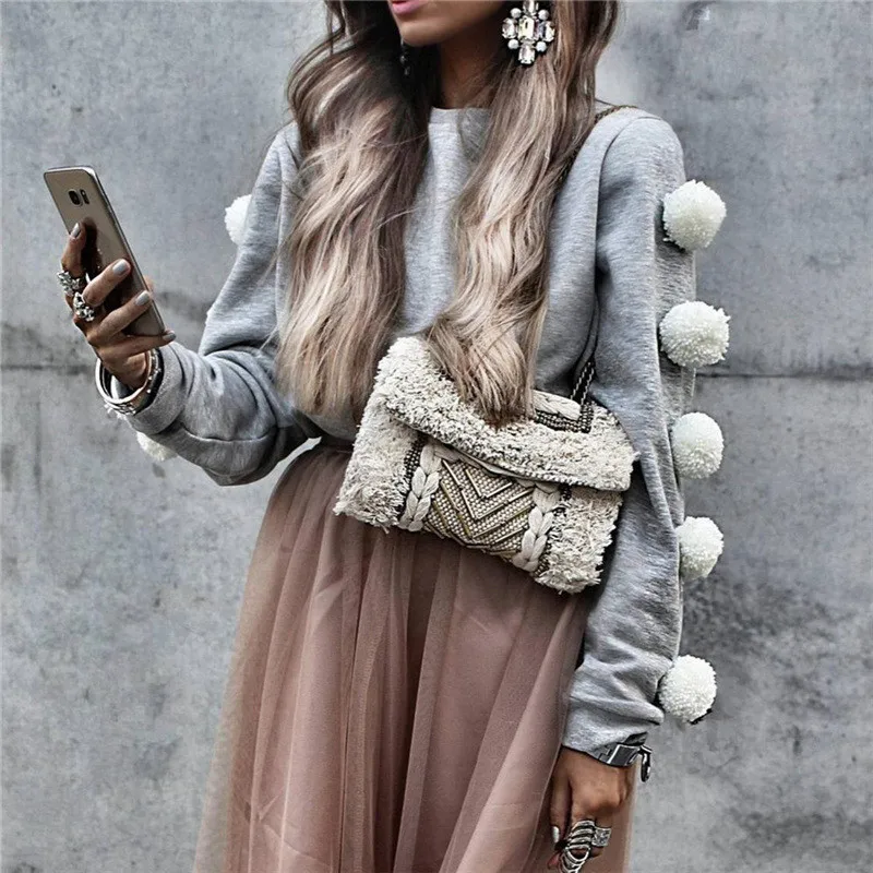 YaomeiSweatshirt Women 2017 Autumn Winter Long Sleeve Hoodies Cute Gray Pompon Pullovers Elegant Fleece Top Jumpers | Женская одежда