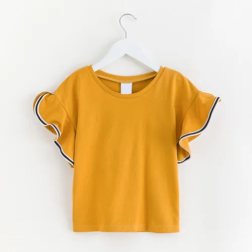 mustard 6 до 16 лет для маленьких девочек и подростков повседневные хлопковые с рюшами футболка s Детский Модный летний пуловер Однотонная футболка - Цвет: mustard