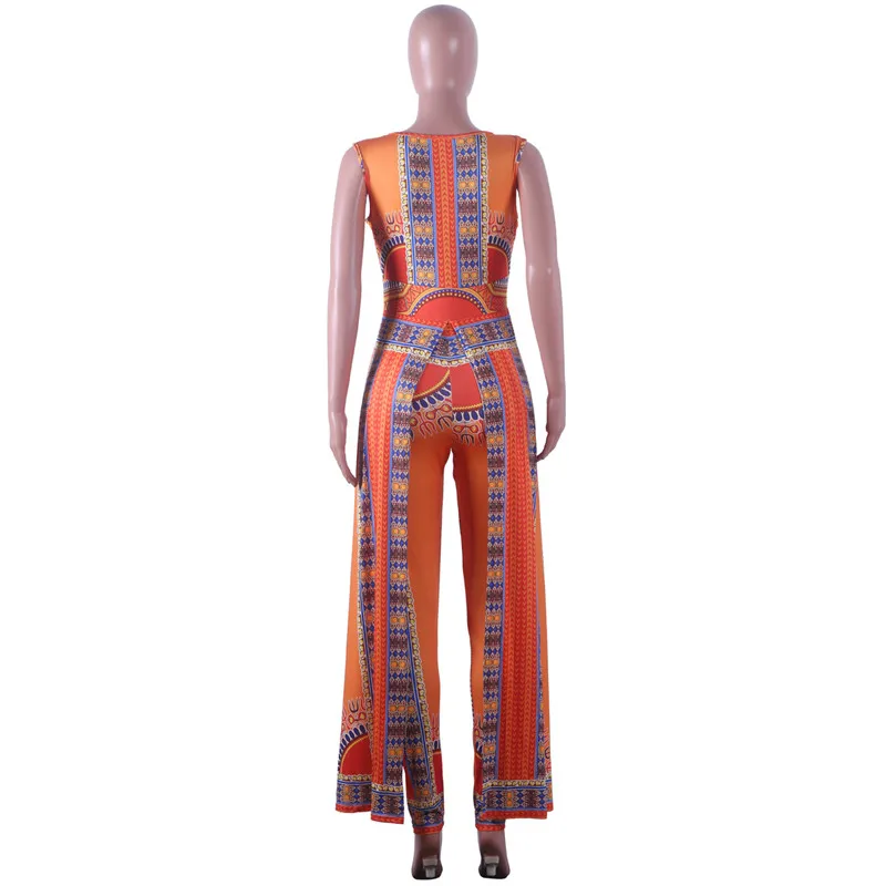 

Adogirl Africa Ethnic Print Orange Women Jumpsuit Sexy Wrap V Neck Sleeveless Indie Folk Romper Fashion Culotte Overalls