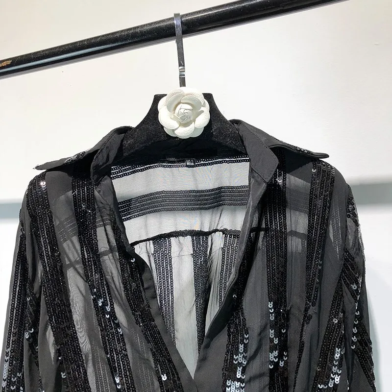 2019 Spring Summer Fashion Streetwear Sexy See Through Striped Sequins Asymmetrical Blouse Women Blusas Shirt Tops |
