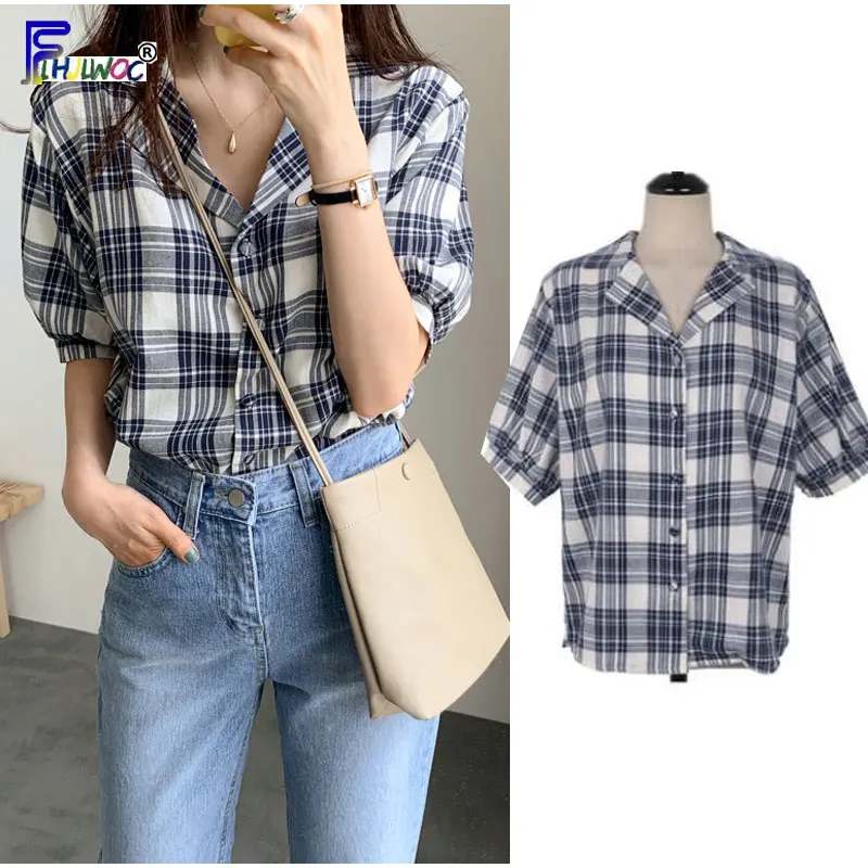 

Summer Tops Woman Short Sleeve Casual V Neck Button Plaid Shirt Blouse Preppy Style Korea Japan Style Clothes 7220