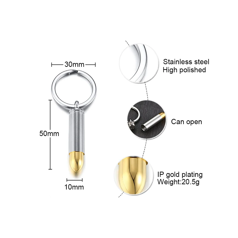 10mm Bullet Keychain Stainless Steel Two Tone Special Nickel Locked Groomsman Birthday Jewelry