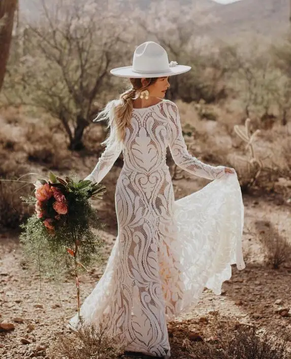 Nude underneath Mryarce Unique Bride Bohemian Wedding Dress Full lace Open Back Long Sleeves Boho Chic Modern Bridal Gowns - Цвет: Nude underneath