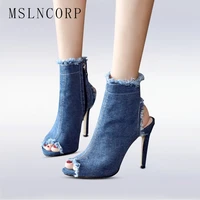 plus size 34 43 fashion women summer gladiator sandals casual ankle jeans thin high heels open peep toe denim zipper boots shoes