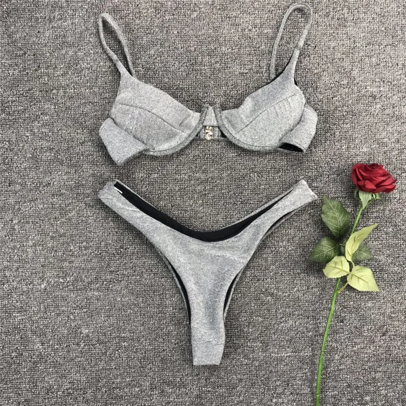 

Sexy Shiny Bikini 2019 New Thong Siwmsuit Female High Cut Swimwear Underwire Bathing Suit Push Up Bathers Micro Biquini Summer