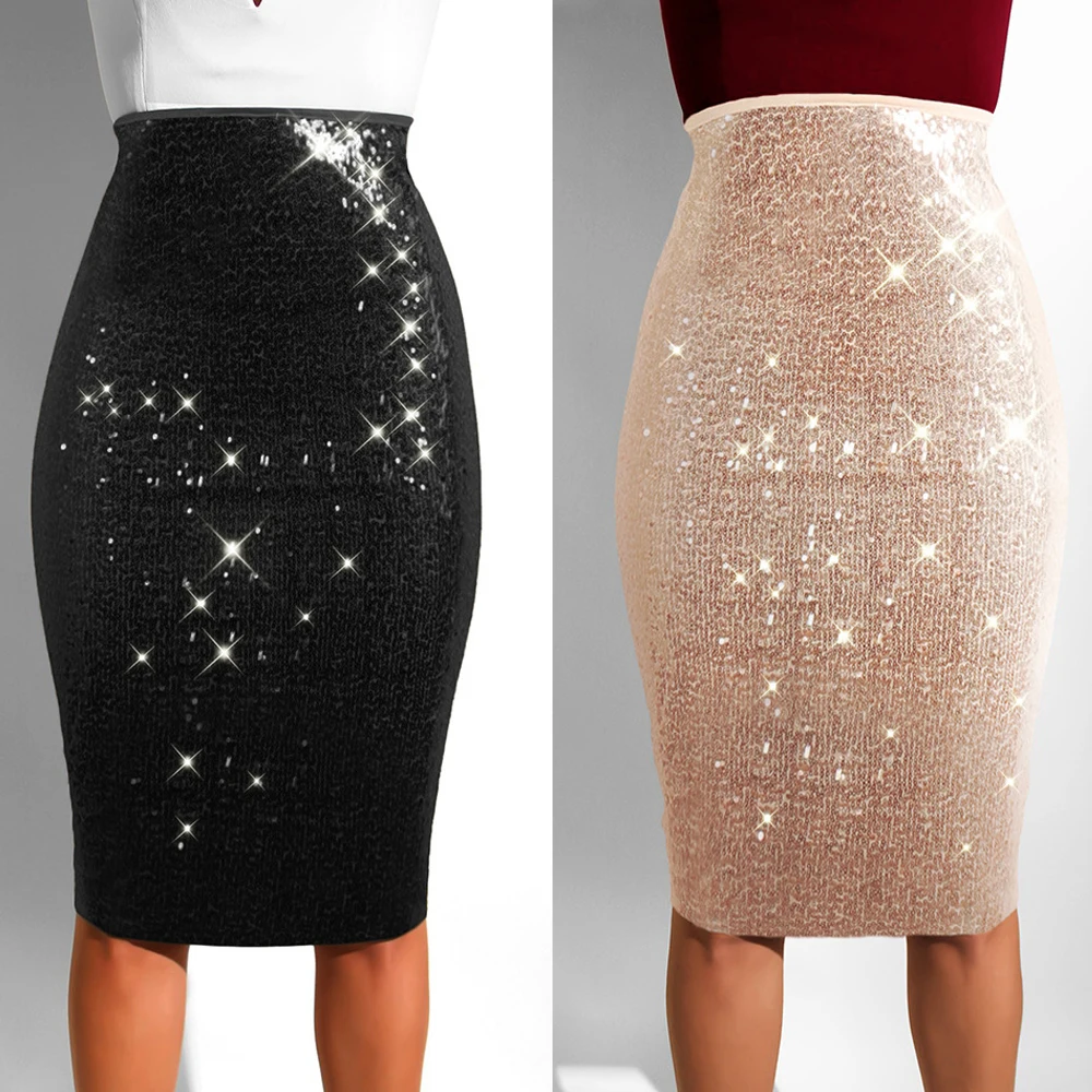 

2020 new hot women's sequined skirt sexy sequins slim with lining bag hip skirt apricot black skirt