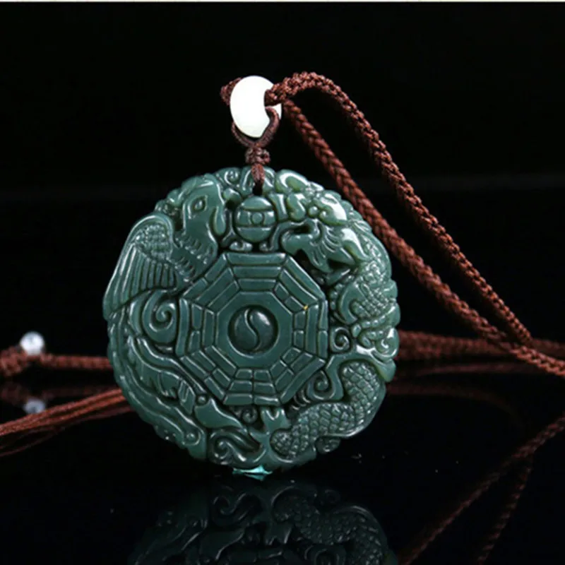 

Natural Green Real Stone Pendant Carved Chinese Dragon Phoenix and BaGua Pendant Necklace Men's Jewelry Free Rope