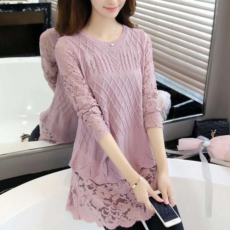 New 2018 Autumn winter Women Sweater Lace Patchwork Bottoming Shirt Fashion Long Sleeve O-neck Loose LY1305 | Женская одежда