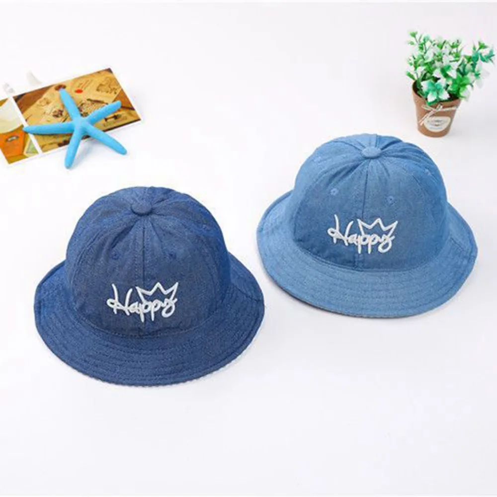 

Puseky Baby Cartoon Happy Letter Printed Hats Blue Color Boys Girls Jeans Hats Children Sun Hats Infants Bucket Caps Denim Hats