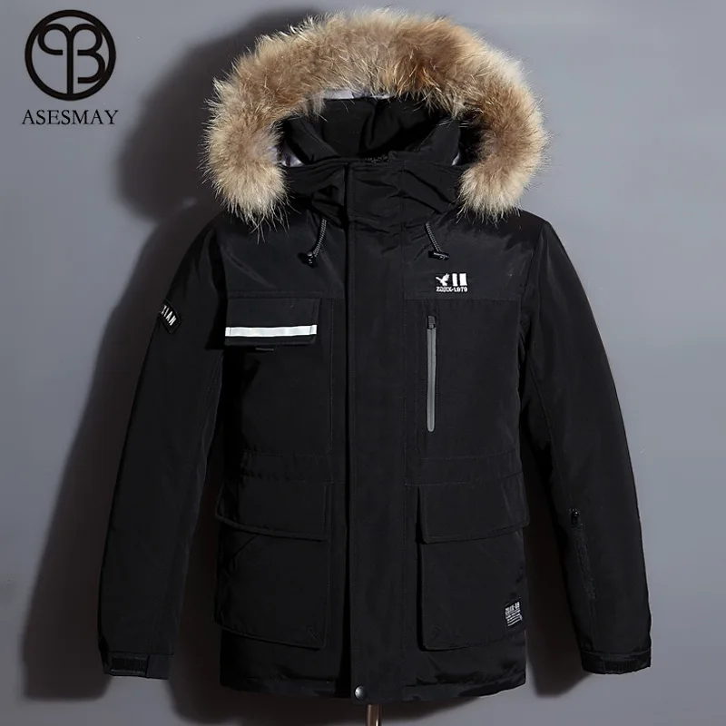 Asesmay, Новое поступление, мужские зимние куртки, 90% белый утиный пух, парки, пальто для мужчин, зимняя Толстая теплая куртка с капюшоном, натуральный мех, верхняя одежда - Цвет: Black