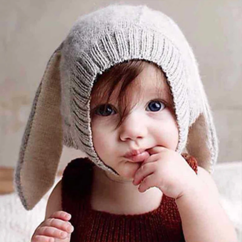NEW Cute Baby Winter Hat Bunny Ear Rabbit Caps Girl newborn photography props Knitted Cotton protection Beanie Cap | Детская одежда и