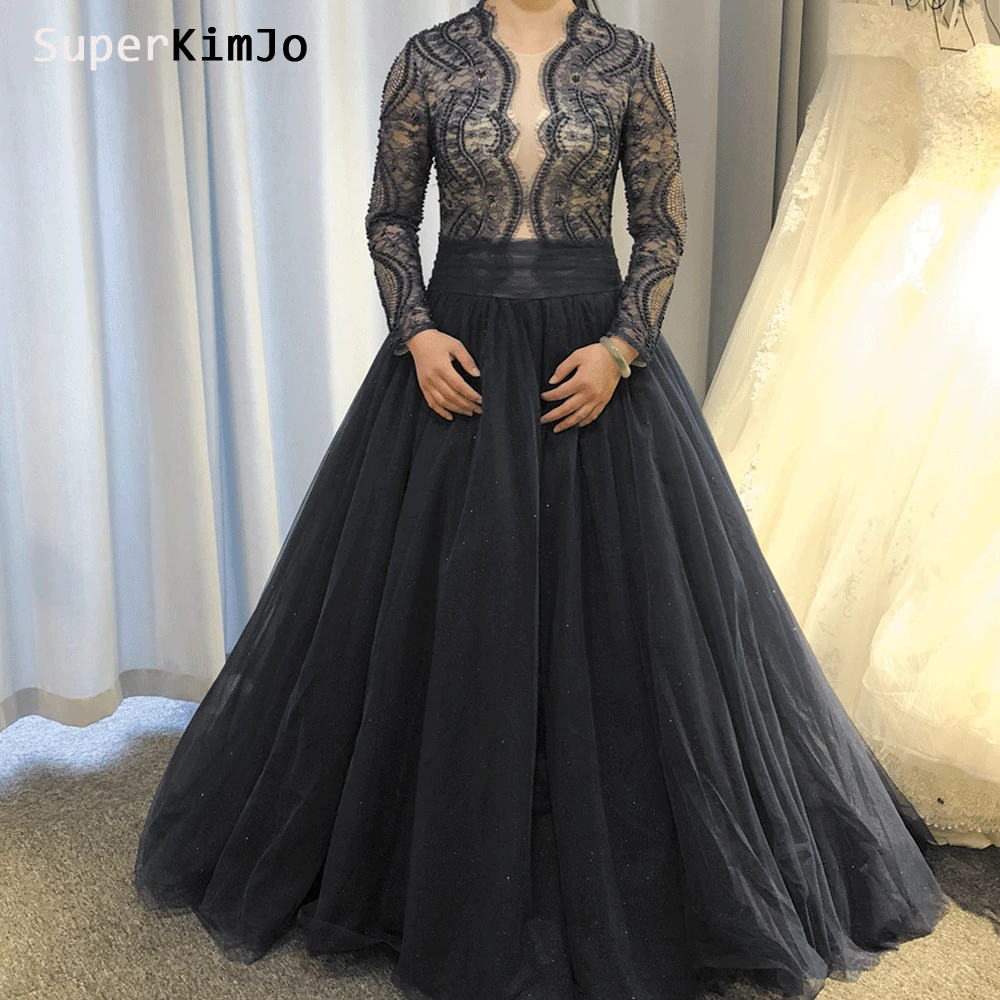 

SuperKimJo Vestido De Festa Longo Elegant Prom Dresses Long Sleeve Lace Applique Beaded Navy Blue Prom Gown Vestido De Gala