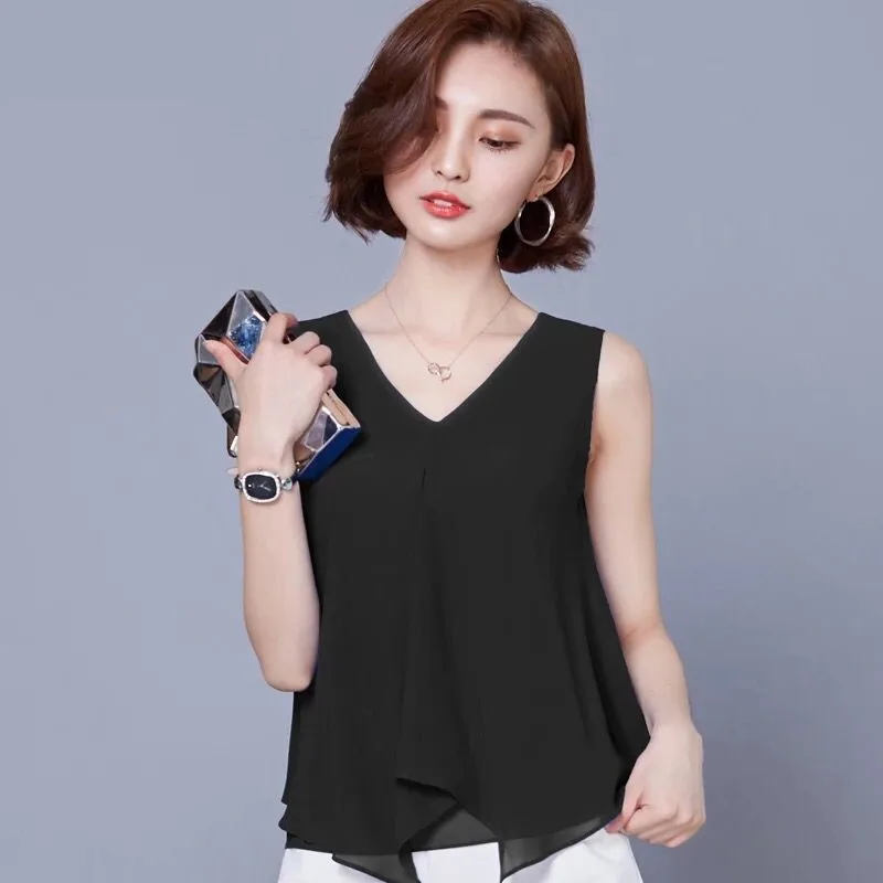 Летние новые женские модные шифоновые майки без рукавов с V-образным вырезом